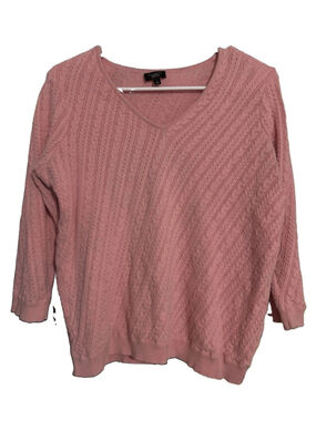 Talbots Women Petites X Pink Cable Knit V-Neck Sweater 3/4 Sleeve Lightweight